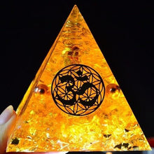 Load image into Gallery viewer, Orgone Pyramid: Sun and Cosmic Vibrations with Sacred Om Symbol, Prosperous Citrine and Copper - Home Decor5 cm or 2"