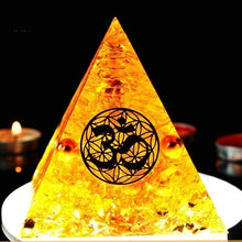 Load image into Gallery viewer, Orgone Pyramid: Sun and Cosmic Vibrations with Sacred Om Symbol, Prosperous Citrine and Copper - Home Decor5 cm or 2"