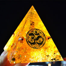 Load image into Gallery viewer, Orgone Pyramid: Sun and Cosmic Vibrations with Sacred Om Symbol, Prosperous Citrine and Copper - Home Decor5 cm or 2"