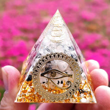 Load image into Gallery viewer, Orgone Pyramid with Enigmatic Eye of Horus and Radiant Rutilated Quartz - Home Decor5 cm or 1.96"