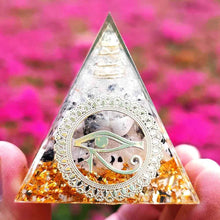 Load image into Gallery viewer, Orgone Pyramid with Enigmatic Eye of Horus and Radiant Rutilated Quartz - Home Decor5 cm or 1.96"