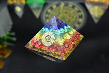 Load image into Gallery viewer, Orgone Pyramid with Enlightening Golden Om and Healing Crystal Spectrum - Home Decor