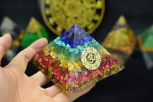 Load image into Gallery viewer, Orgone Pyramid with Enlightening Golden Om and Healing Crystal Spectrum - Home Decor