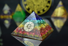 Load image into Gallery viewer, Orgone Pyramid with Enlightening Golden Om and Healing Crystal Spectrum - Home Decor