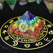 Load image into Gallery viewer, Orgone Pyramid with Enlightening Golden Om and Healing Crystal Spectrum - Home Decor