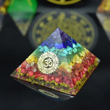 Load image into Gallery viewer, Orgone Pyramid with Enlightening Golden Om and Healing Crystal Spectrum - Home Decor
