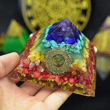 Load image into Gallery viewer, Orgone Pyramid with Enlightening Golden Om and Healing Crystal Spectrum - Home Decor
