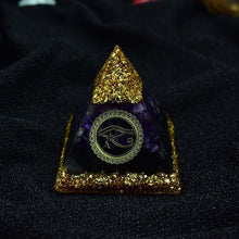 Load image into Gallery viewer, Orgone Pyramid with Eye of Horus, Amethyst, and Tourmaline - Ornament5 cm or 2"