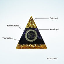 Load image into Gallery viewer, Orgone Pyramid with Eye of Horus, Amethyst, and Tourmaline - Ornament5 cm or 2"