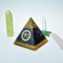 Load image into Gallery viewer, Orgone Pyramid with Eye of Horus, Amethyst, and Tourmaline - Ornament5 cm or 2"