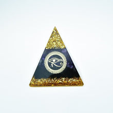 Load image into Gallery viewer, Orgone Pyramid with Eye of Horus, Amethyst, and Tourmaline - Ornament5 cm or 2"