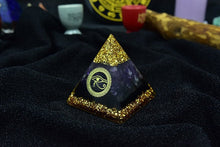 Load image into Gallery viewer, Orgone Pyramid with Eye of Horus, Amethyst, and Tourmaline - Ornament5 cm or 2"