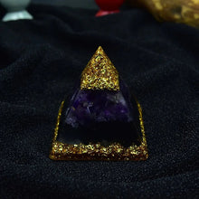 Load image into Gallery viewer, Orgone Pyramid with Eye of Horus, Amethyst, and Tourmaline - Ornament5 cm or 2"