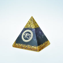 Load image into Gallery viewer, Orgone Pyramid with Eye of Horus, Amethyst, and Tourmaline - Ornament5 cm or 2"