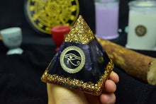 Load image into Gallery viewer, Orgone Pyramid with Eye of Horus, Amethyst, and Tourmaline - Ornament5 cm or 2"