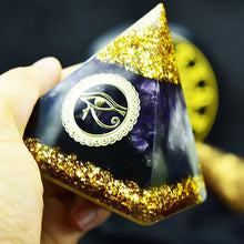 Load image into Gallery viewer, Orgone Pyramid with Eye of Horus, Amethyst, and Tourmaline - Ornament5 cm or 2"