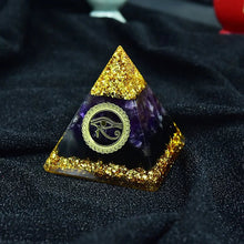 Load image into Gallery viewer, Orgone Pyramid with Eye of Horus, Amethyst, and Tourmaline - Ornament5 cm or 2"