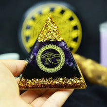 Load image into Gallery viewer, Orgone Pyramid with Eye of Horus, Amethyst, and Tourmaline - Ornament5 cm or 2"