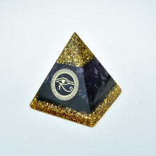 Load image into Gallery viewer, Orgone Pyramid with Eye of Horus, Amethyst, and Tourmaline - Ornament5 cm or 2"