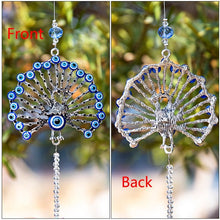 Load image into Gallery viewer, Peacock with Evil Eyes Wall Hanging with Single Large Transparent Suncatcher Crystal - Wall Hanging