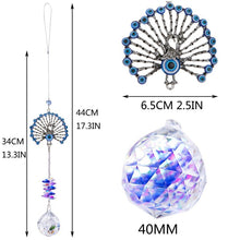 Load image into Gallery viewer, Peacock with Evil Eyes Wall Hanging with Single Large Transparent Suncatcher Crystal - Wall Hanging