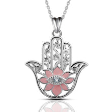 Load image into Gallery viewer, Pink Enamel Lotus Flower with Evil Eye Hamsa Hand Silver Pendant and Necklace - NecklaceOnly Pendant