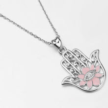 Load image into Gallery viewer, Pink Enamel Lotus Flower with Evil Eye Hamsa Hand Silver Pendant and Necklace - NecklacePendant and Chain