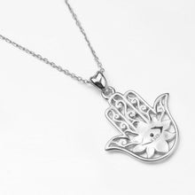 Load image into Gallery viewer, Pink Enamel Lotus Flower with Evil Eye Hamsa Hand Silver Pendant and Necklace - NecklacePendant and Chain