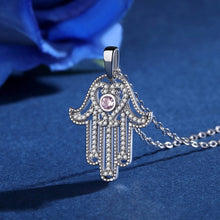Load image into Gallery viewer, Pink Stone Hamsa Hand Silver Pendant and Necklace - NecklacePendant and Chain