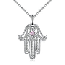 Load image into Gallery viewer, Pink Stone Hamsa Hand Silver Pendant and Necklace - NecklacePendant and Chain