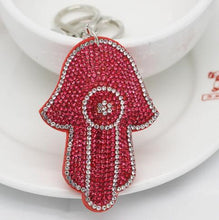 Load image into Gallery viewer, Pink Stone Studded Hamsa Hand with Evil Eye Keychain - Keychain