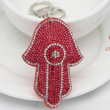 Load image into Gallery viewer, Pink Stone Studded Hamsa Hand with Evil Eye Keychain - Keychain