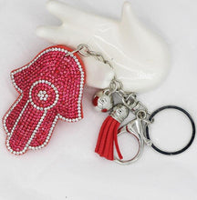 Load image into Gallery viewer, Pink Stone Studded Hamsa Hand with Evil Eye Keychain - Keychain