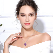 Load image into Gallery viewer, Purple Stone Hamsa Hand Evil Eye Silver Pendant and Necklace - NecklacePendant and Chain