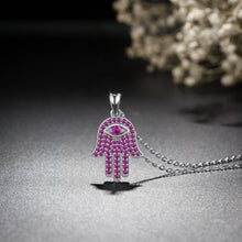 Load image into Gallery viewer, Purple Stone Hamsa Hand Evil Eye Silver Pendant and Necklace - NecklacePendant and Chain