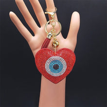Load image into Gallery viewer, Red Stone Studded Evil Eye Keychains - KeychainHeart Shaped