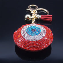 Load image into Gallery viewer, Red Stone Studded Evil Eye Keychains - KeychainEvil Eye with Hamsa Hand