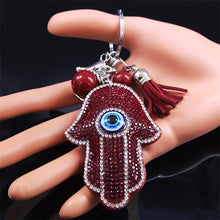 Load image into Gallery viewer, Red Stone Studded Hamsa Hand with Blue Evil Eye Keychain - Keychain