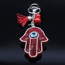 Load image into Gallery viewer, Red Stone Studded Hamsa Hand with Blue Evil Eye Keychain - Keychain