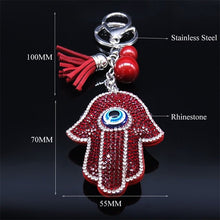 Load image into Gallery viewer, Red Stone Studded Hamsa Hand with Blue Evil Eye Keychain - Keychain