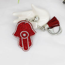 Load image into Gallery viewer, Red Stone Studded Hamsa Hand with Evil Eye Keychain - Keychain