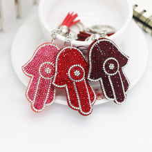 Load image into Gallery viewer, Red Stone Studded Hamsa Hand with Evil Eye Keychain - Keychain