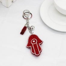 Load image into Gallery viewer, Red Stone Studded Hamsa Hand with Evil Eye Keychain - Keychain