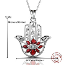 Load image into Gallery viewer, Red Stoned Lotus Flower with Evil Eye Hamsa Hand Silver Pendant and Necklace - NecklacePendant and Chain