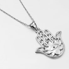 Load image into Gallery viewer, Red Stoned Lotus Flower with Evil Eye Hamsa Hand Silver Pendant and Necklace - NecklacePendant and Chain