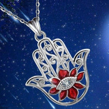Load image into Gallery viewer, Red Stoned Lotus Flower with Evil Eye Hamsa Hand Silver Pendant and Necklace - NecklacePendant and Chain
