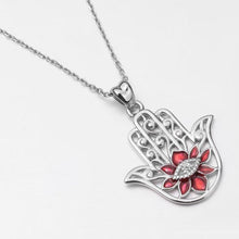 Load image into Gallery viewer, Red Stoned Lotus Flower with Evil Eye Hamsa Hand Silver Pendant and Necklace - NecklacePendant and Chain