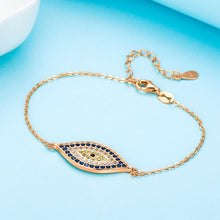 Load image into Gallery viewer, Image of a rose gold Evil Eye necklace in a beautiful and delicate, blue and white stone-studded eye-shaped Evil Eye