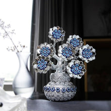 Load image into Gallery viewer, Silver Flowers with Evil Eyes in Feng Shui Money Pot Desktop Ornament - Ornament