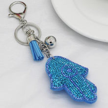 Load image into Gallery viewer, Sky Blue Stone Studded Hamsa Hand with Evil Eye Keychain - Keychain